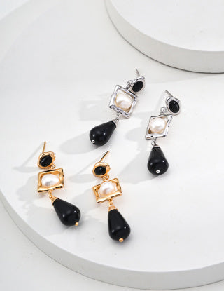 S925 silver natural pearl Black agate glass earrings