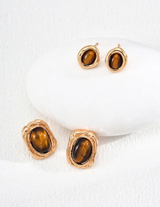S925 silver simple natural tiger's eye earrings