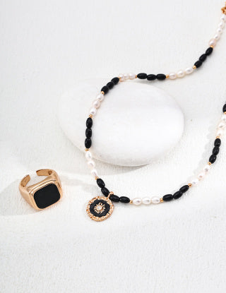 S925 Silver Natural Pearl Black Agate Drip Glaze Zircon pendant necklace