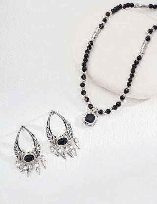 S925 silver round glossy black agate necklace