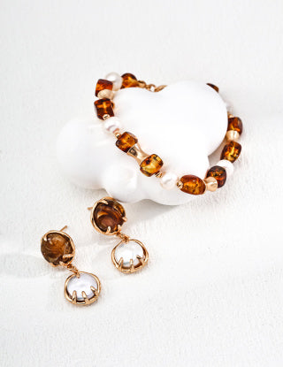 S925 Silver Retro Natural pearl flower amber bracelet