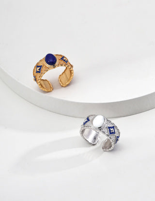 S925 Silver retro Design sense blue drip glaze lapis lazuli/mother-of-pearl ring