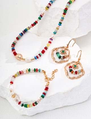 Pure silver pearl dopamine-colored colored stone necklace