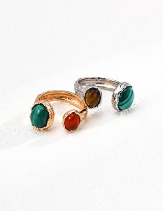 S925 Silver Vintage natural malachite red agate/tiger's Eye ring