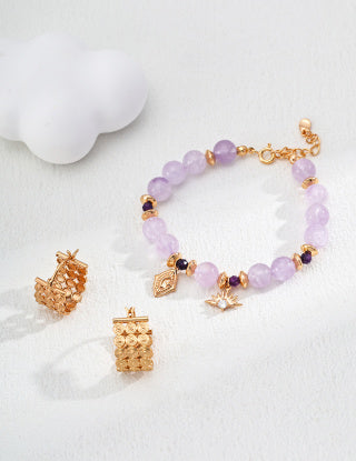 S925 Silver Lavender Optimized Amethyst Natural Round Bead Crystal Zircon Bracelet (Natural crystal has color differences in different batches)