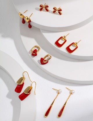 Pure silver red drip glaze earrings