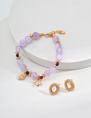 S925 Silver Lavender Optimized Amethyst Natural Round Bead Crystal Zircon Bracelet (Natural crystal has color differences in different batches)