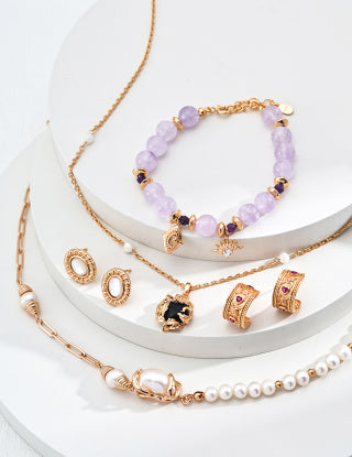 S925 Silver Lavender Optimized Amethyst Natural Round Bead Crystal Zircon Bracelet (Natural crystal has color differences in different batches)
