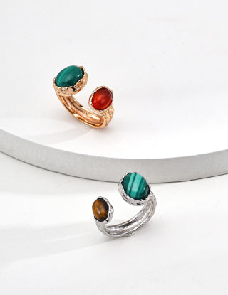 S925 Silver Vintage natural malachite red agate/tiger's Eye ring