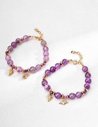 S925 Silver Lavender Optimized Amethyst Natural Round Bead Crystal Zircon Bracelet (Natural crystal has color differences in different batches)